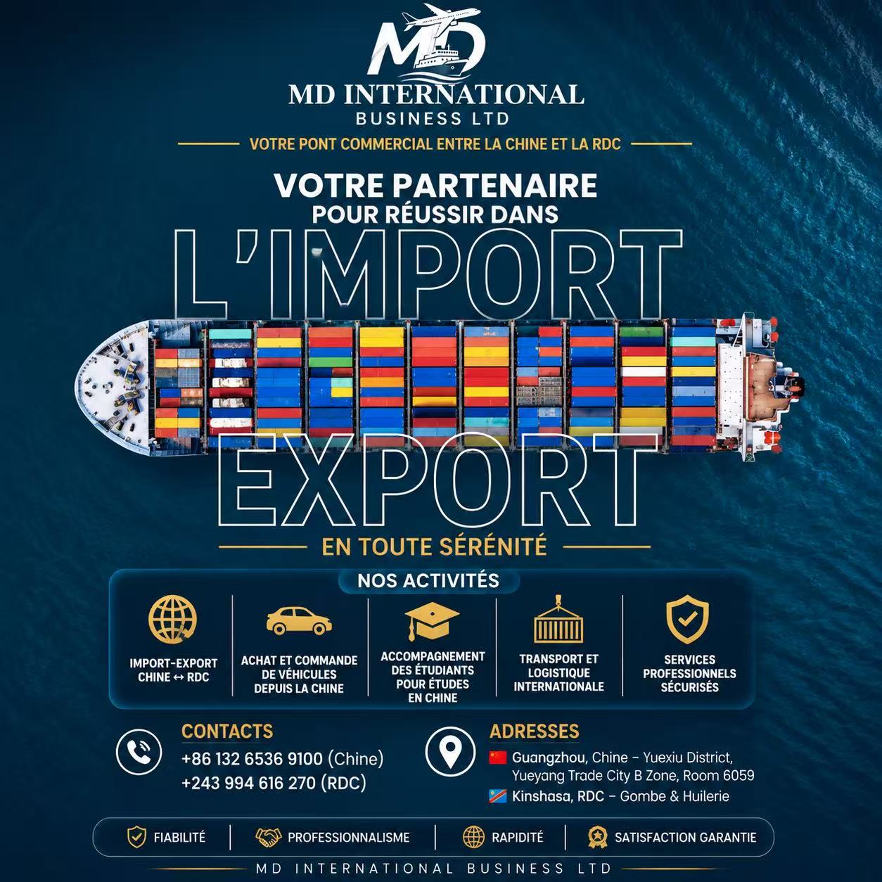 Navire de conteneurs pour l'import export Chine RDC