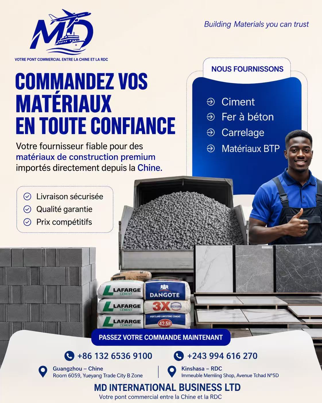 Materiaux et commandes depuis la Chine